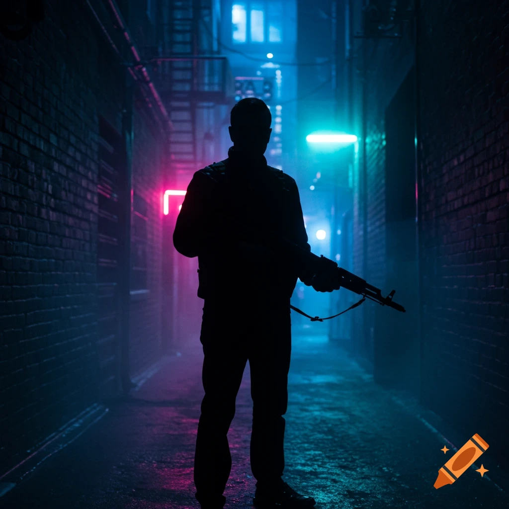 Silhouette of a person holding an AK-47 in a dark, neon-lit urban alley.