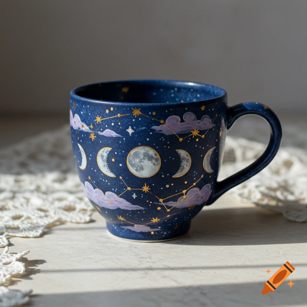 A dark blue mug with a celestial design featuring moon phases, stars, and purple clouds.