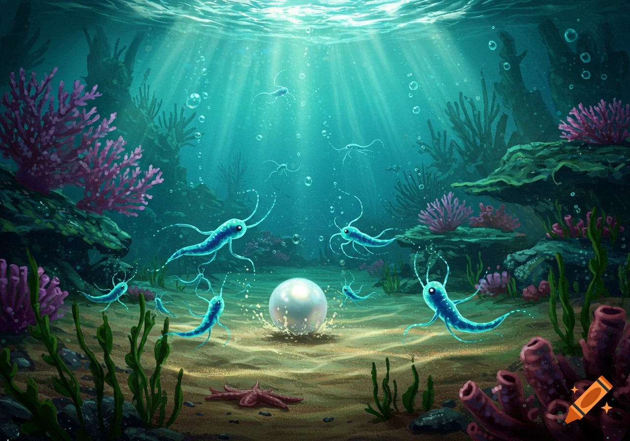Blue plankton-like creatures swim around a glowing pearl on the sandy seabed amidst coral and plants, with sun rays from the surface.