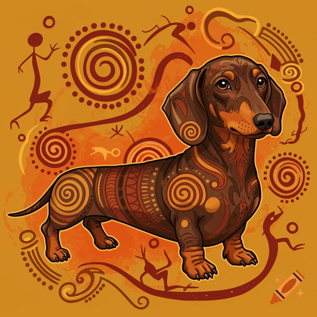 A brown dachshund illustrated in an aboriginal art style, featuring tribal patterns and spirals on its fur, set against a warm orange background with abstract designs.