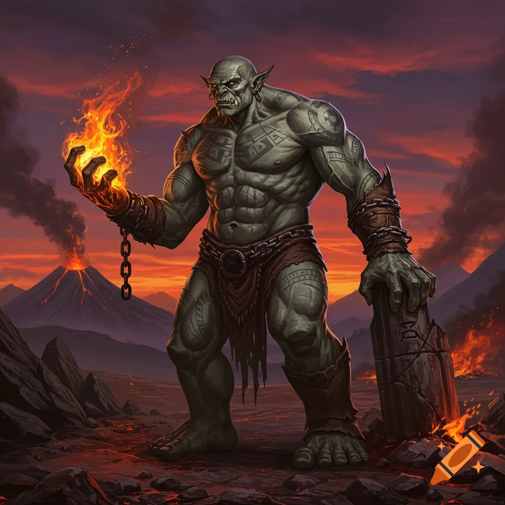 A powerful green-skinned orc stands amidst a fiery volcanic landscape, holding a magical flame and a broken stone monument.
