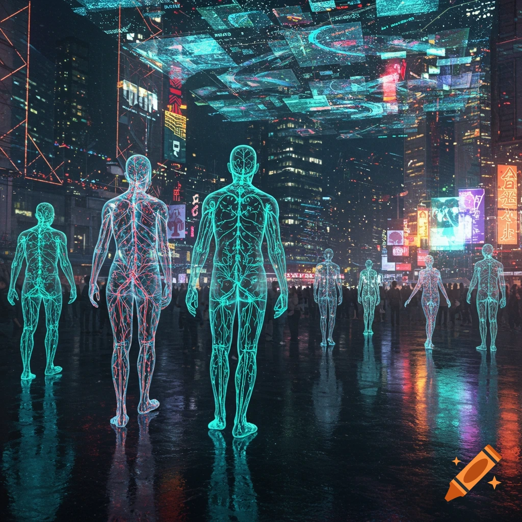 Translucent human figures with visible veins walk through a neon-lit futuristic city at night.