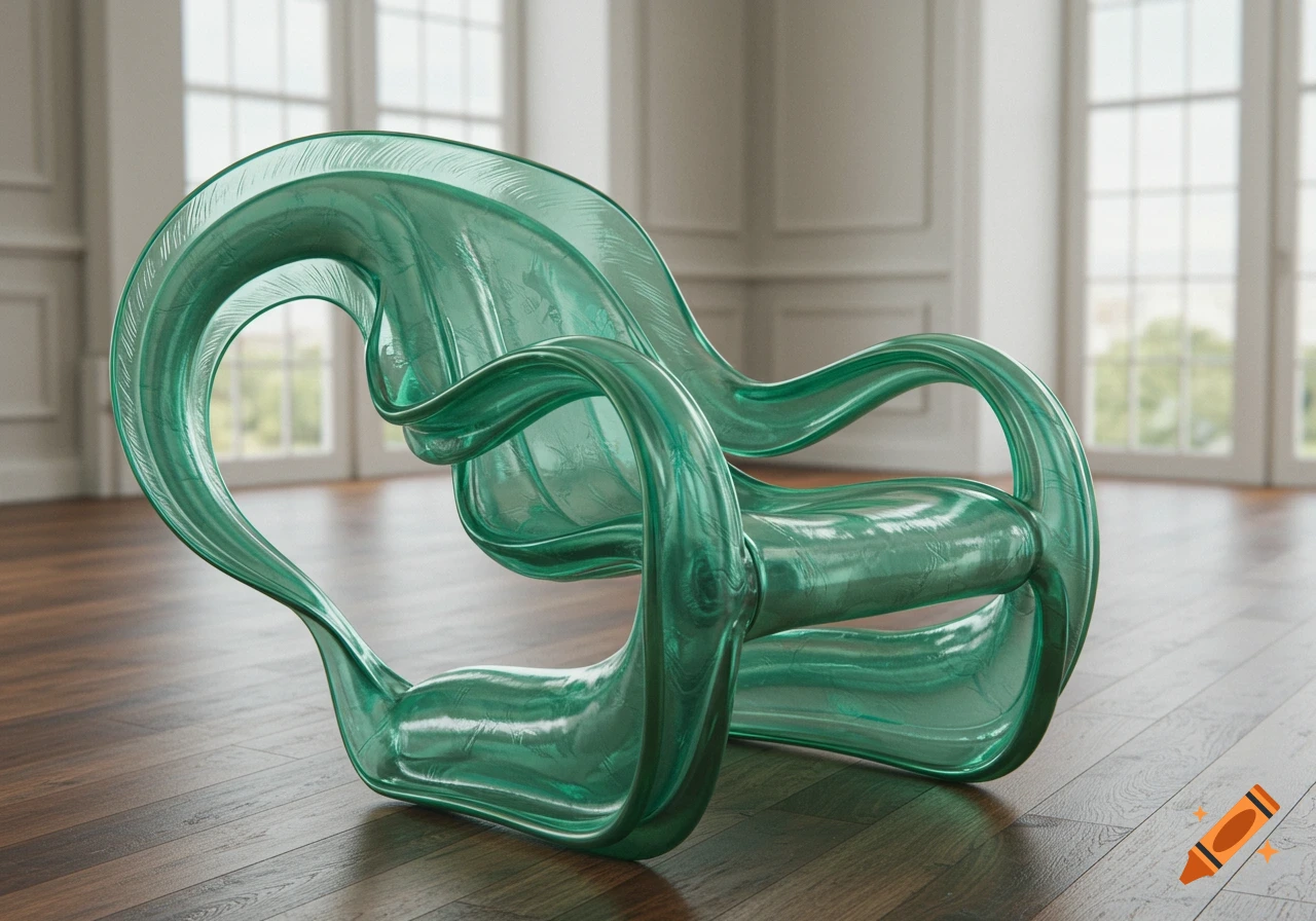 A photorealistic image of a green, translucent, eel-shaped lounge chair in a bright room with large windows.