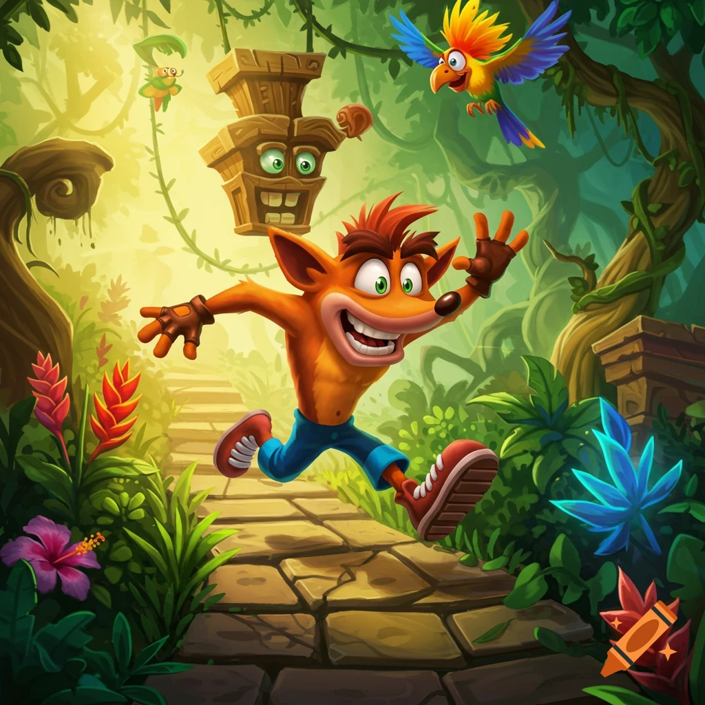 Crash Bandicoot runs on a stone path through a vibrant jungle with a flying parrot and ancient relics.