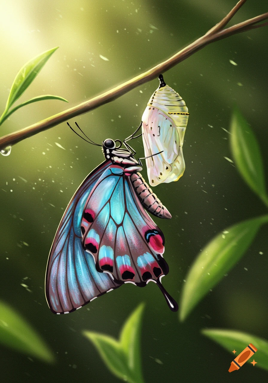 A vibrant blue and pink butterfly rests on a branch next to its white chrysalis, bathed in soft green light.