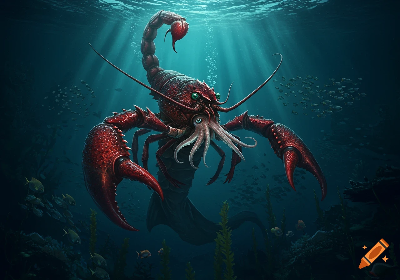 A monstrous red lobster-scorpion-squid hybrid creature with many eyes and tentacles, swims in a deep blue underwater scene with rays of light from above.