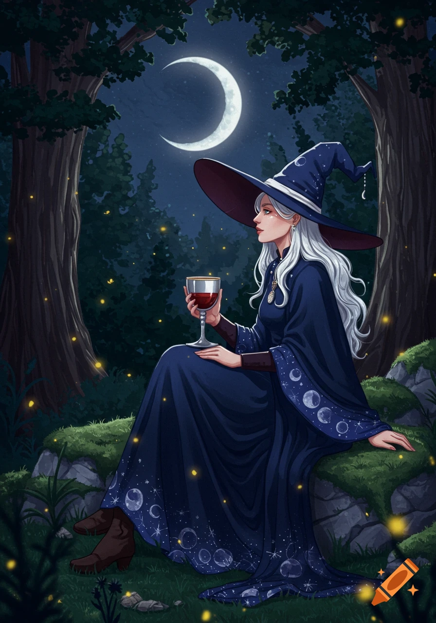 A witch with white hair and a blue hat sits in a dark forest at night, holding a glass of wine under a crescent moon, with fireflies.