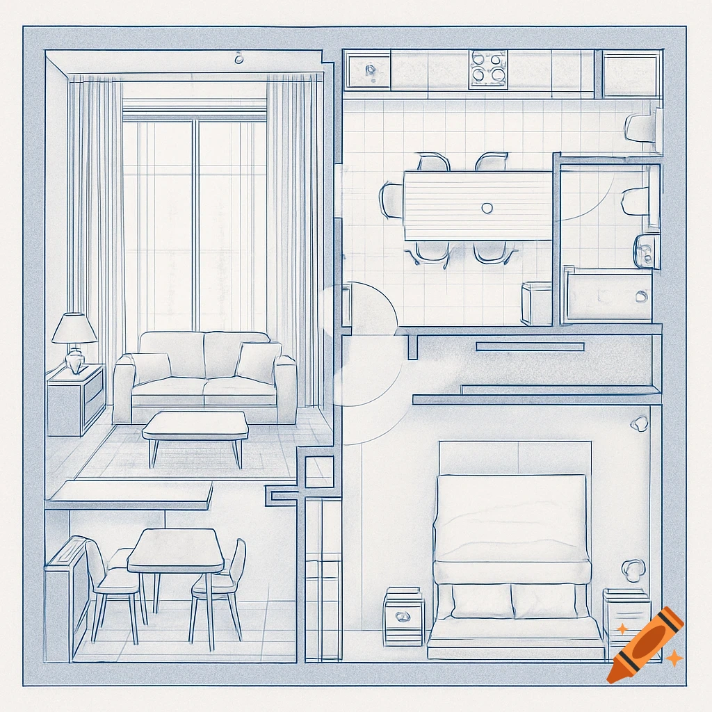 A detailed blue line architectural drawing of a two-room apartment floor plan with living room, kitchen, dining area, bedroom, and bathroom.