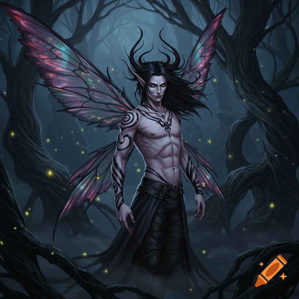 A dark fantasy illustration of a gothic male fairy with long black hair, horns, tribal tattoos, and iridescent wings standing in a mysterious, dimly lit forest.