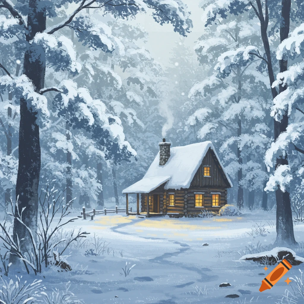 Illustrated snowy winter scene with a rustic wooden cabin glowing in a dense forest.