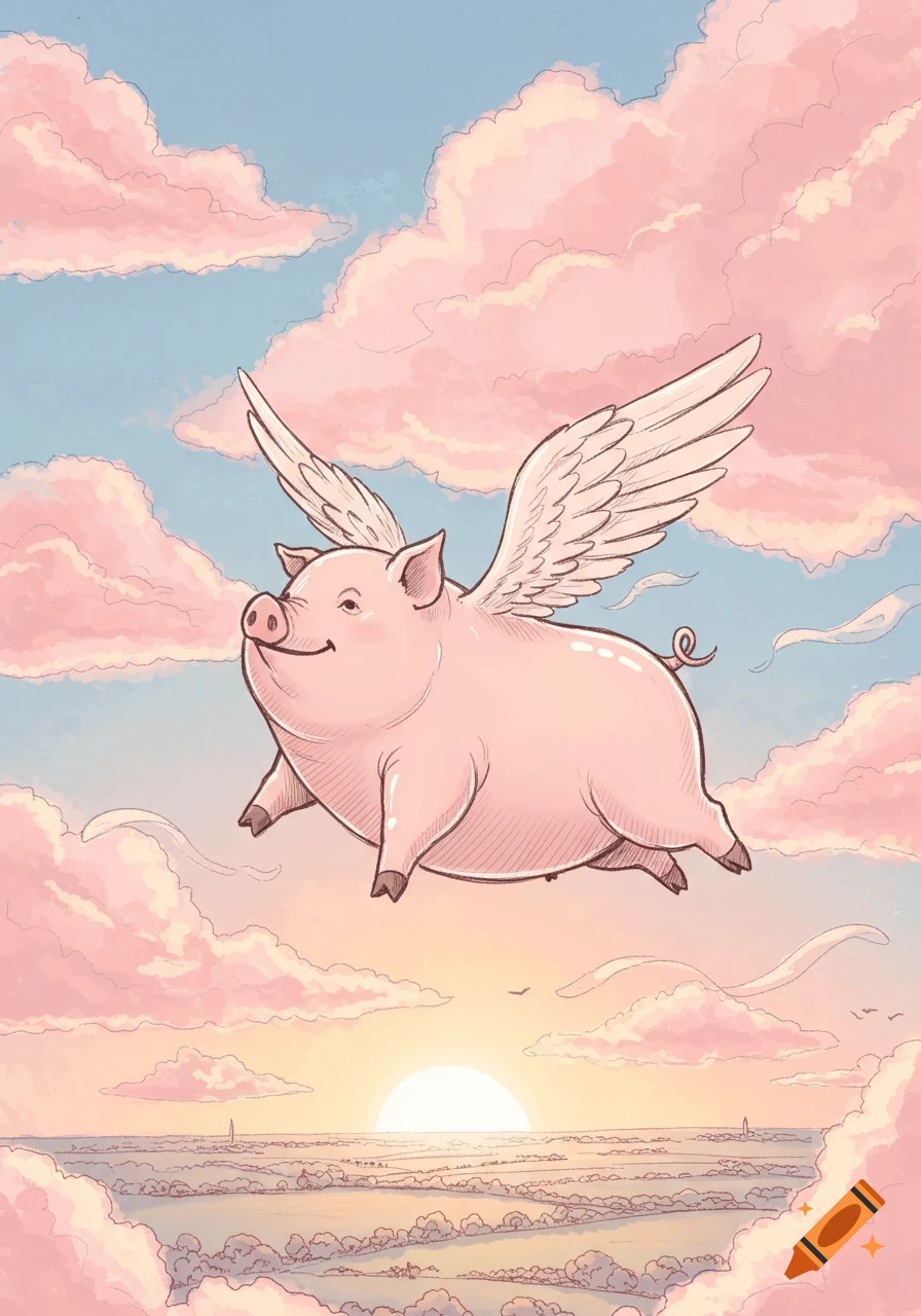 A smiling cartoon pig with wings flies through pink clouds above a landscape at sunrise, drawn in a sketch style.