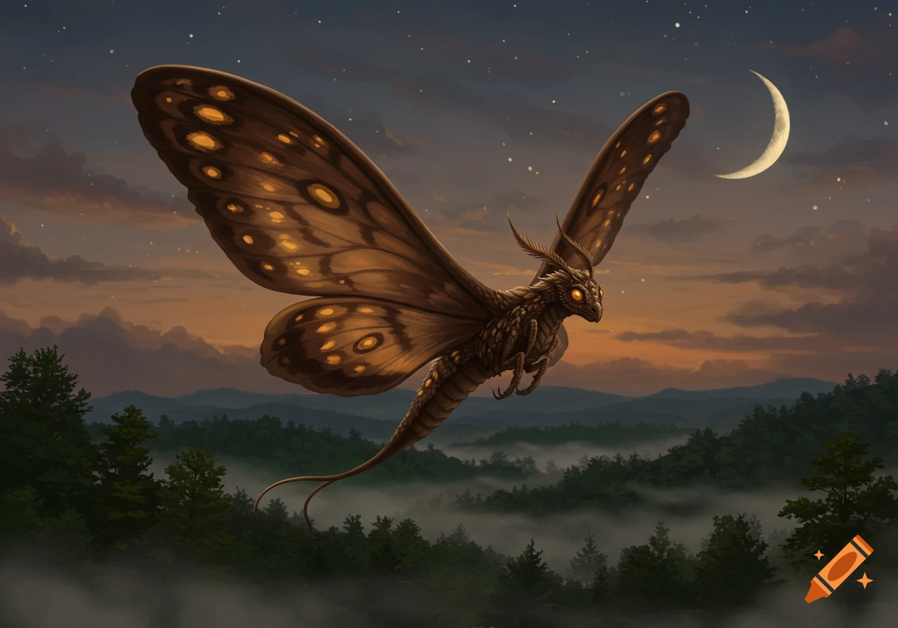 A brown moth-dragon hybrid with luminous eyes and wings flies over a misty forest at dusk under a crescent moon.