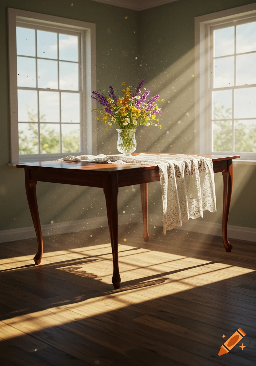 A wooden table with a vase of colorful flowers and a lace runner, illuminated by sunbeams filtering through two large windows in a room.