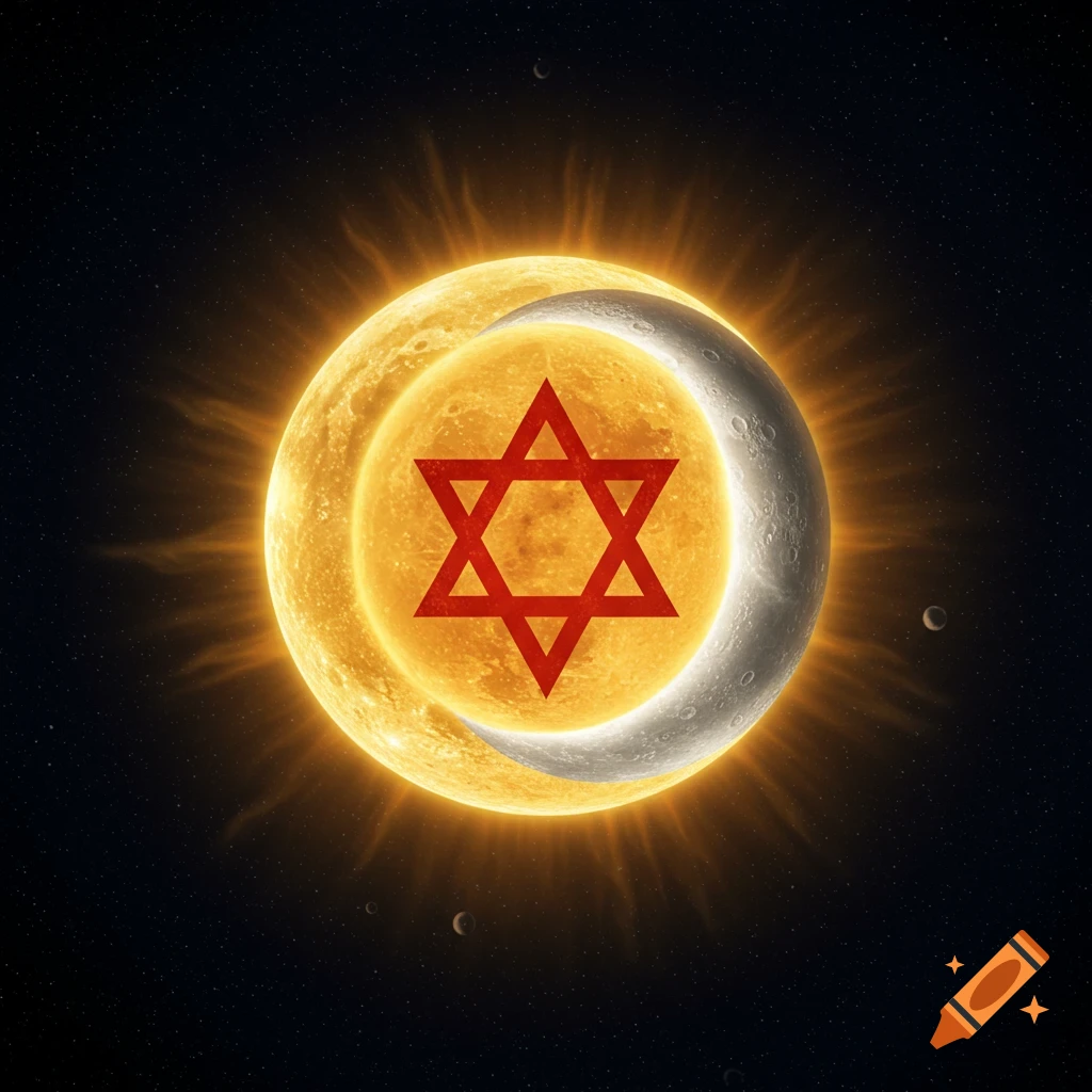 A bright glowing sun and a crescent moon in space with a red Star of David overlaid on the sun, against a starry background.