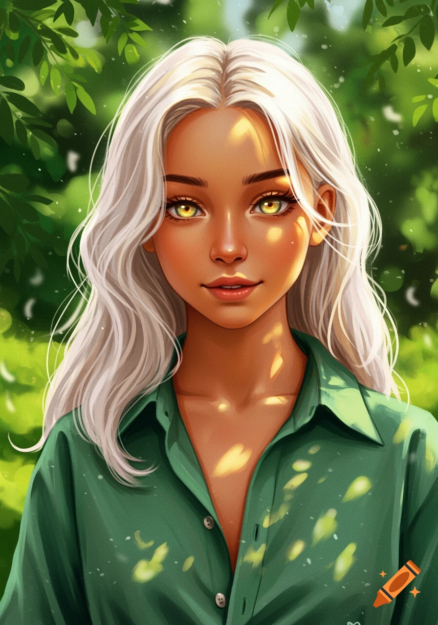 Stylized portrait of a young woman with platinum blonde hair and yellow eyes, wearing a green shirt, in a leafy setting with sunlight.