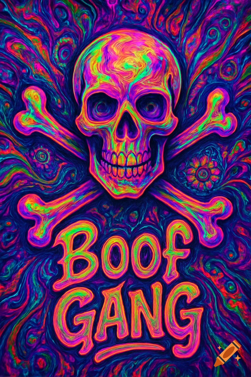 A psychedelic, vibrant neon-colored skull and crossbones with the words 'BOOF GANG' below, on an abstract swirling background.