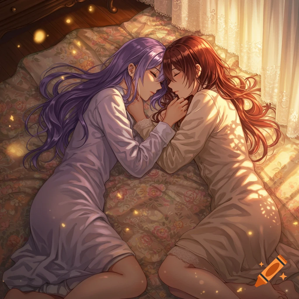Two anime women with long hair, one purple and one brown, cuddle while sleeping in a sunlit bed with a floral patterned blanket.