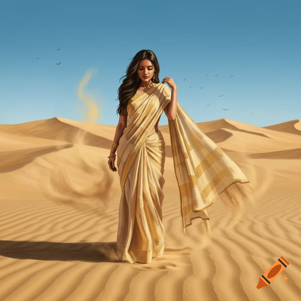 A woman in a cream-colored sari with stripes walks through a sandy desert with dunes under a clear blue sky, with birds flying in the distance.