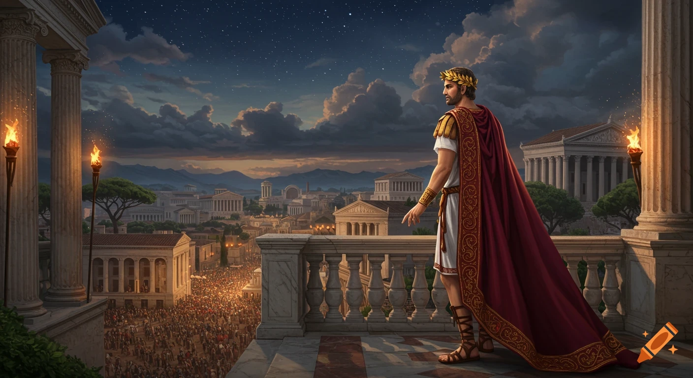 A Roman emperor in a red cape and laurel wreath stands on a balcony overlooking a vast ancient city and crowd at night.
