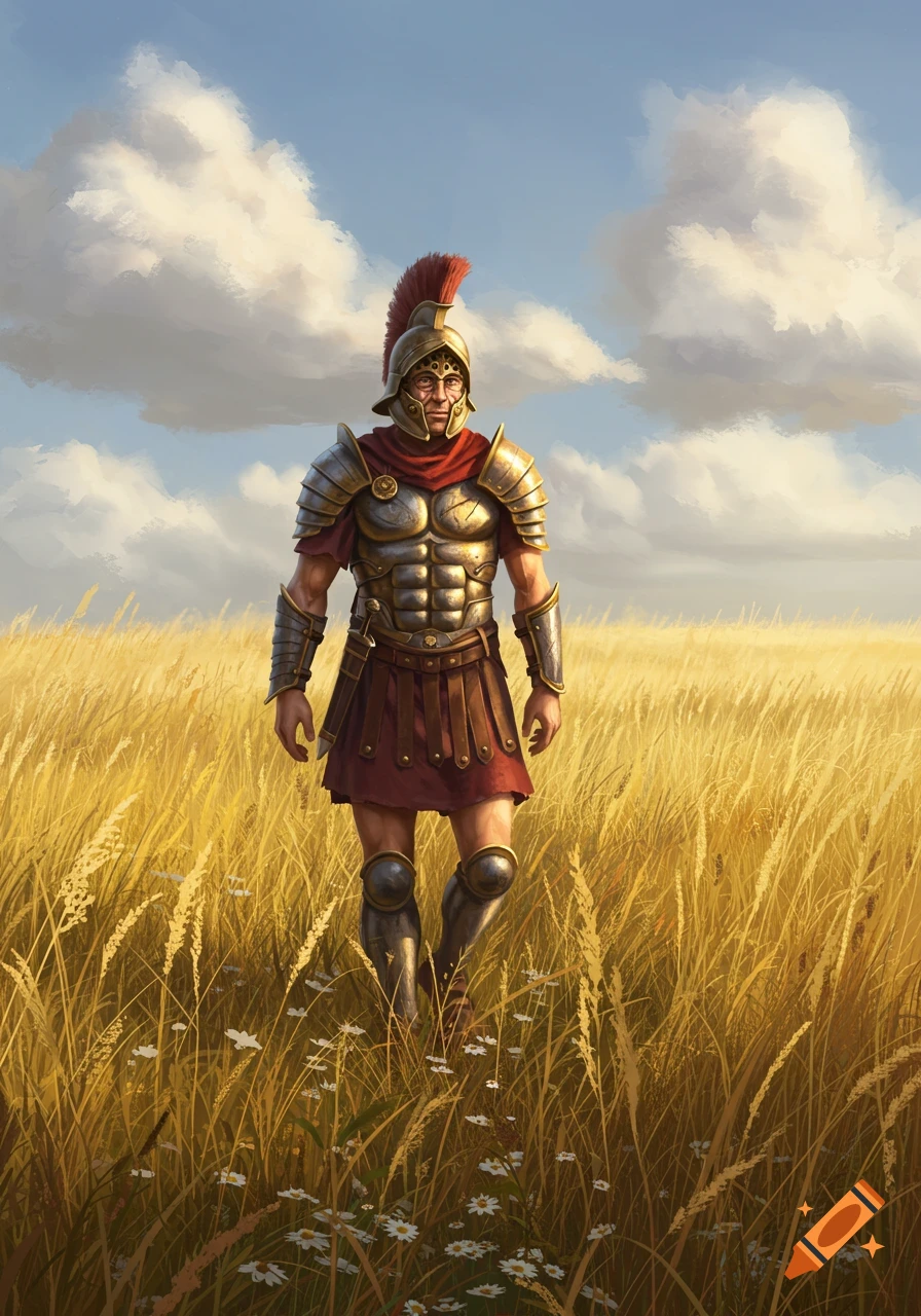 A Roman legionary in full armor stands in a golden field under a blue sky with clouds, looking thoughtful.