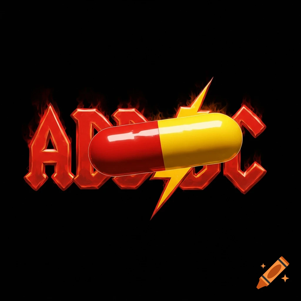 A stylized red logo for "ADHD" with fiery edges on a black background. A large red and yellow capsule pill replaces the lightning bolt, angled from top right to bottom left.