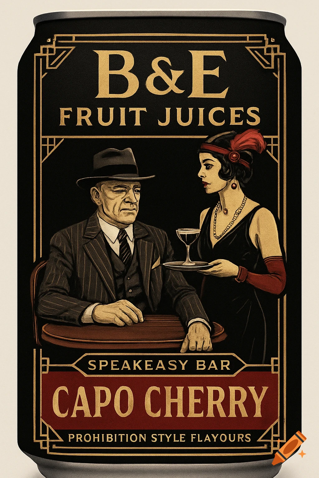 A vintage Art Deco illustration on a pop can label featuring a man in a suit and a woman in a flapper dress. Text reads 'B&E Fruit Juices', 'Speakeasy Bar', 'Capo Cherry'.