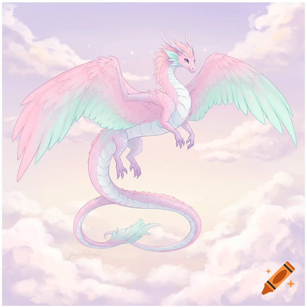 A pastel pink and mint green dragon with large wings flies gracefully among soft pink and purple clouds.