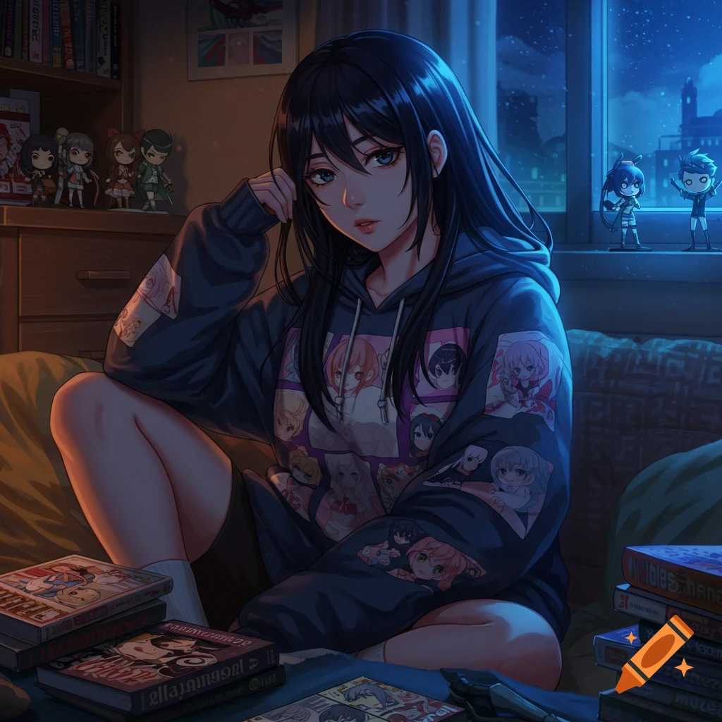 An anime girl with black hair sits on a bed in a cozy room at night, surrounded by books and figurines.