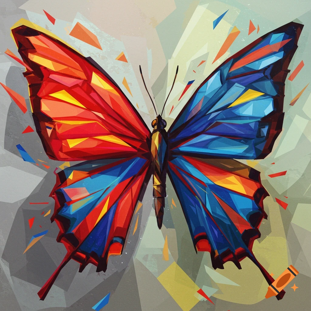 A vibrant, cubist-style butterfly with red, orange, and blue wings on an abstract background.