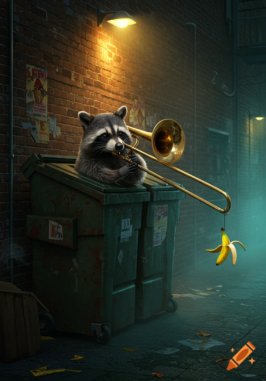 A raccoon playing a trombone with a banana hanging from it, in a dark alleyway lit by a streetlamp.