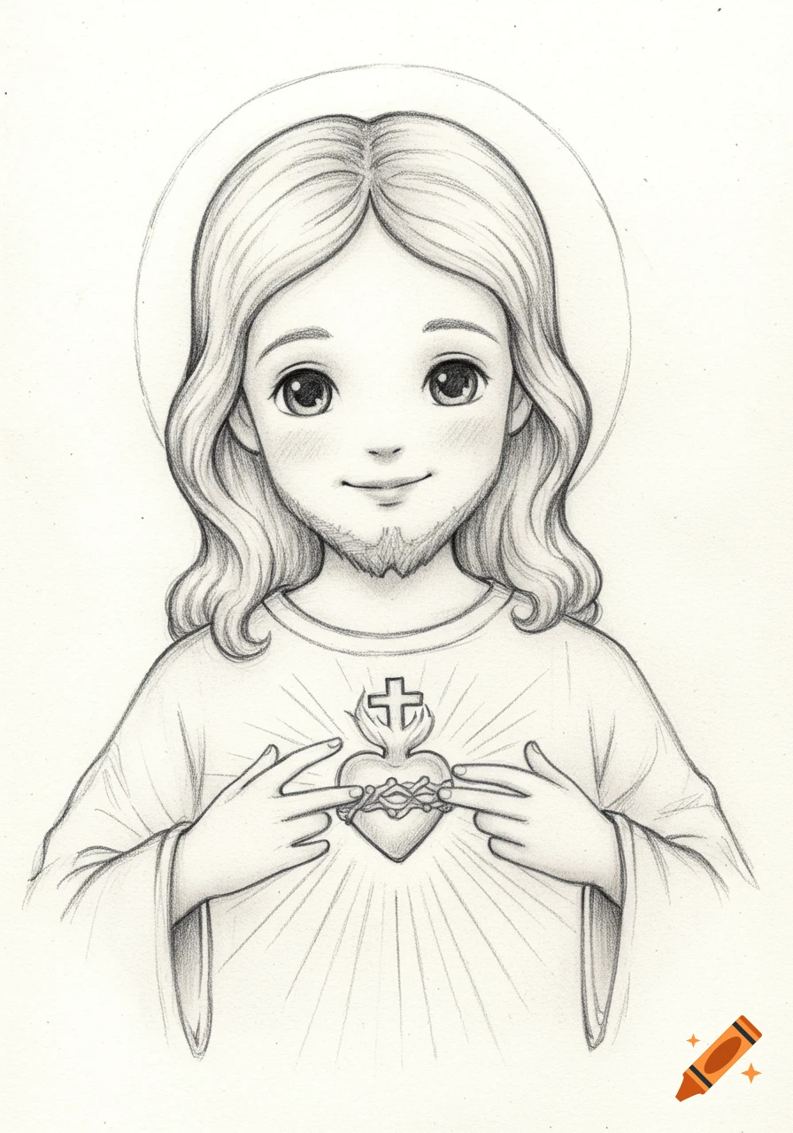 Pencil sketch of a cute, smiling cartoon Jesus with a halo, pointing to his Sacred Heart with a cross and thorns.