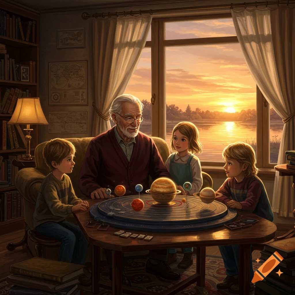 An old man and two children are gathered around a solar system model on a table in a cozy living room, with a sunset over a lake visible through a large window.