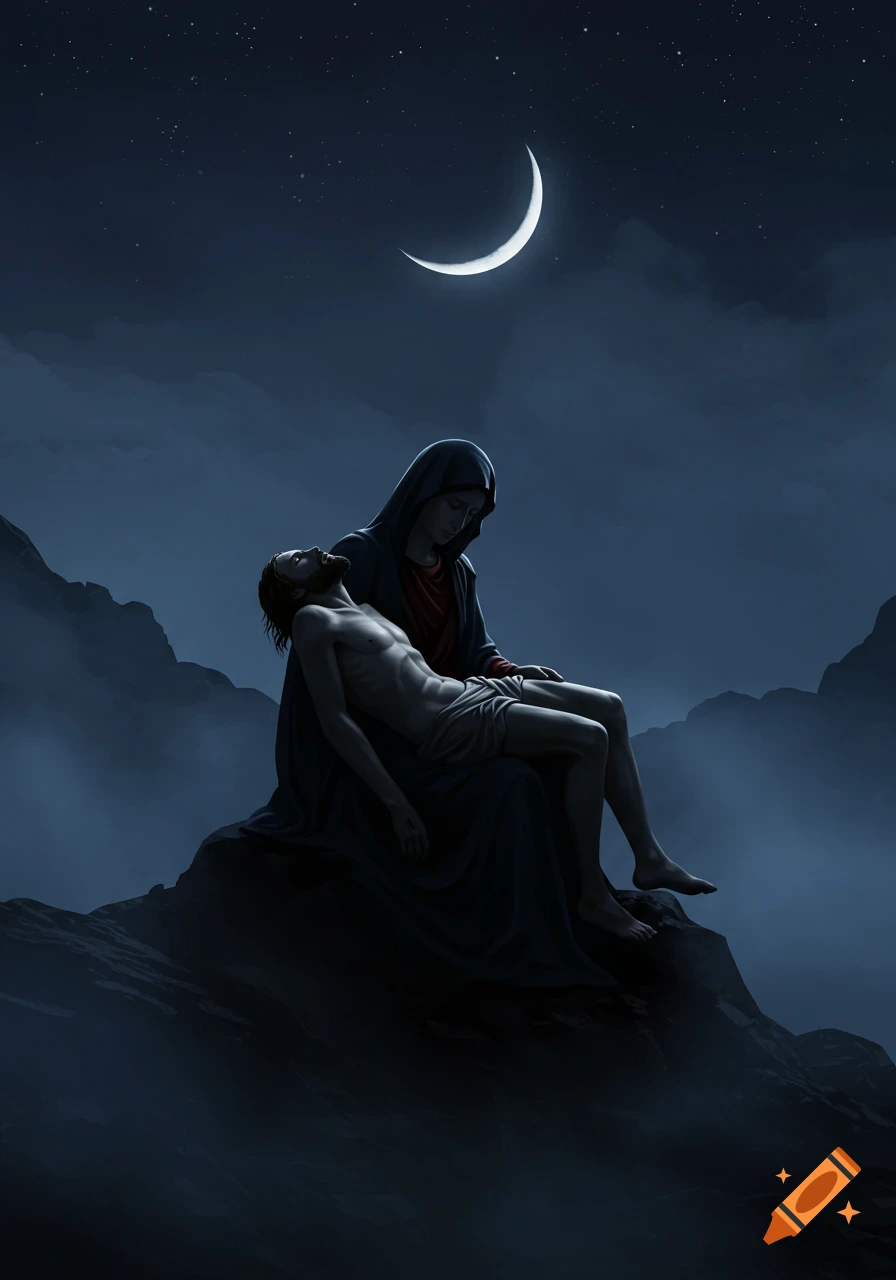 A solemn figure of Mary in dark robes holding the deceased body of Jesus on her lap on a rocky peak under a crescent moon and starry night sky.