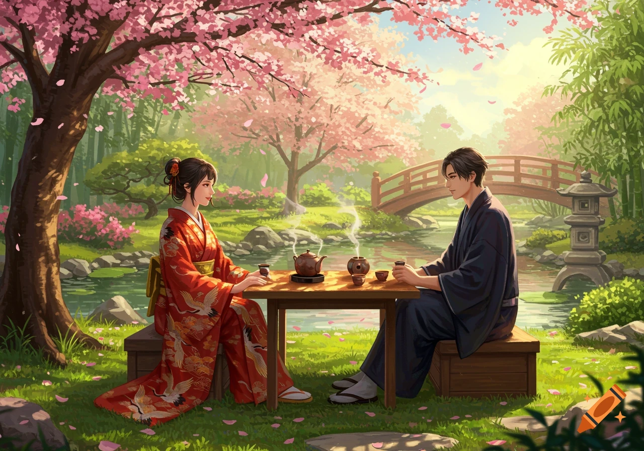 A man and woman in traditional Japanese attire share tea under a cherry blossom tree in a serene Japanese garden. Anime style.