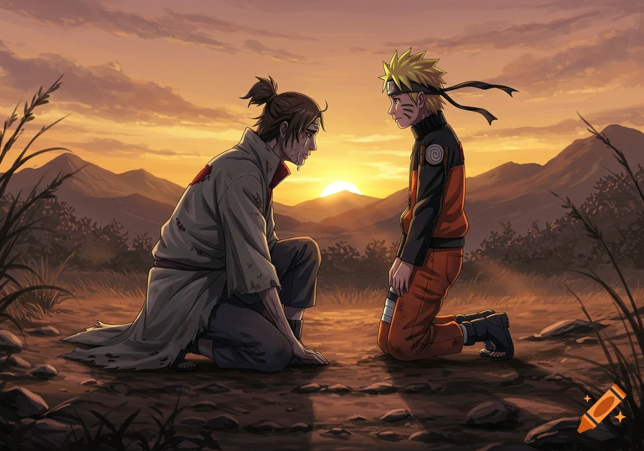 Anime illustration of a man kneeling and crying before a sad Naruto at sunset in a barren landscape.