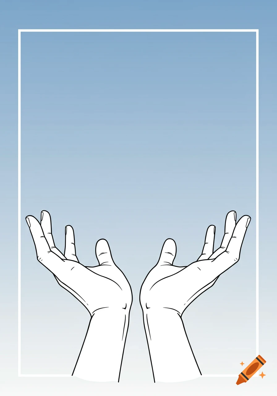 Minimalist vector illustration of two hands open and uplifted against a blue gradient background with a white frame.