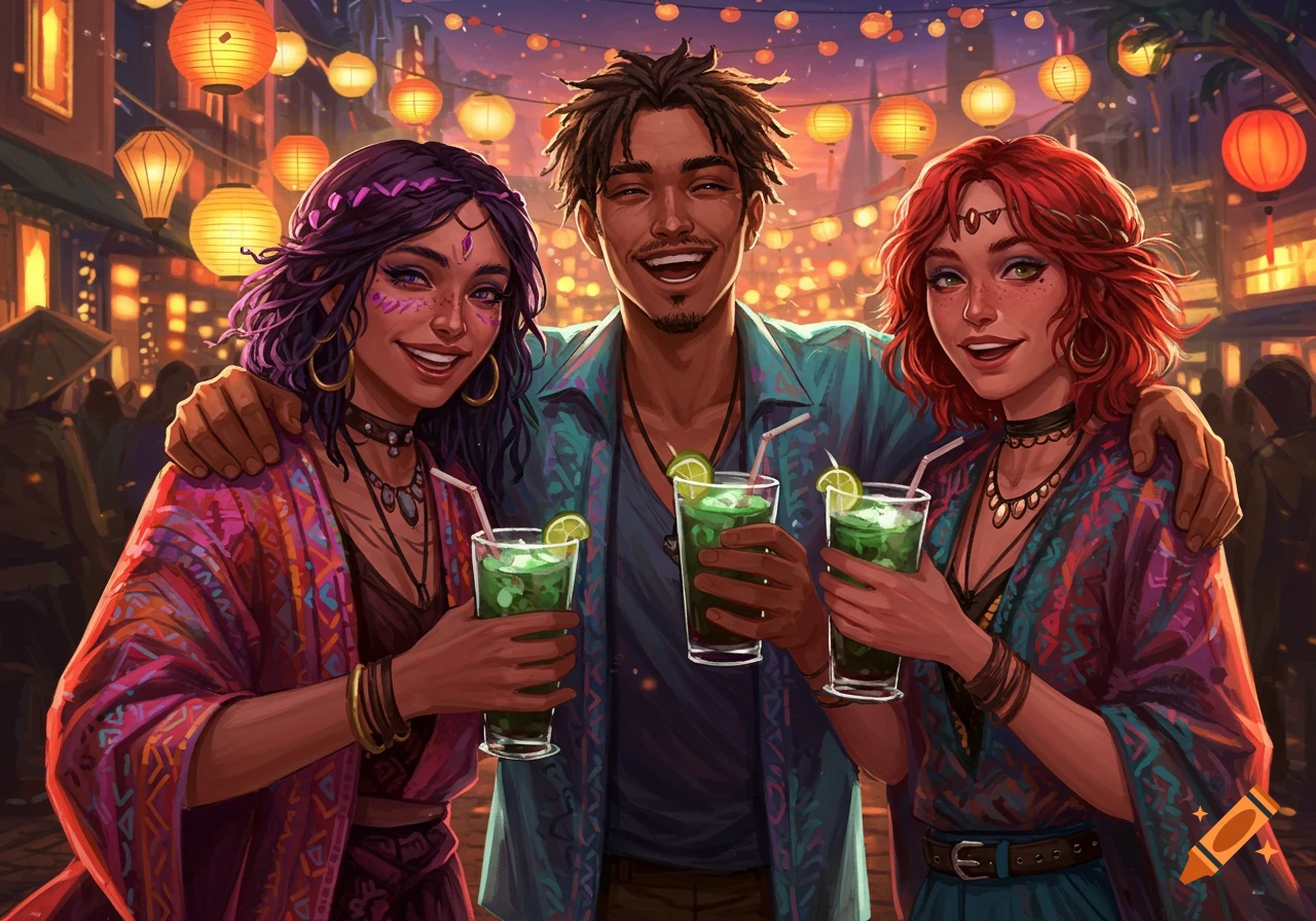 Three smiling friends hold green drinks at a vibrant outdoor night market lit by lanterns, in a digital illustration style.