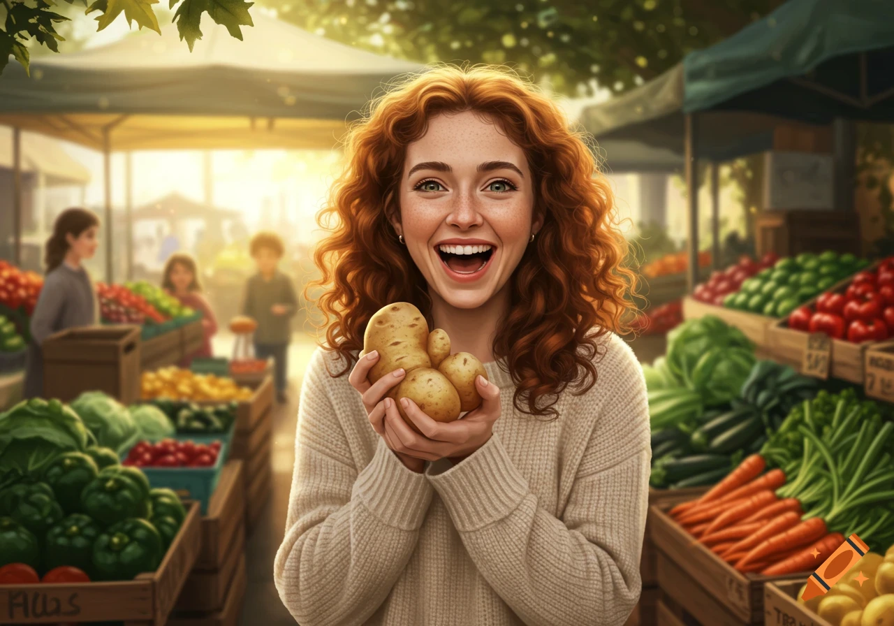 A smiling woman with red curly hair holds several potatoes at a bustling outdoor market, photorealistic.