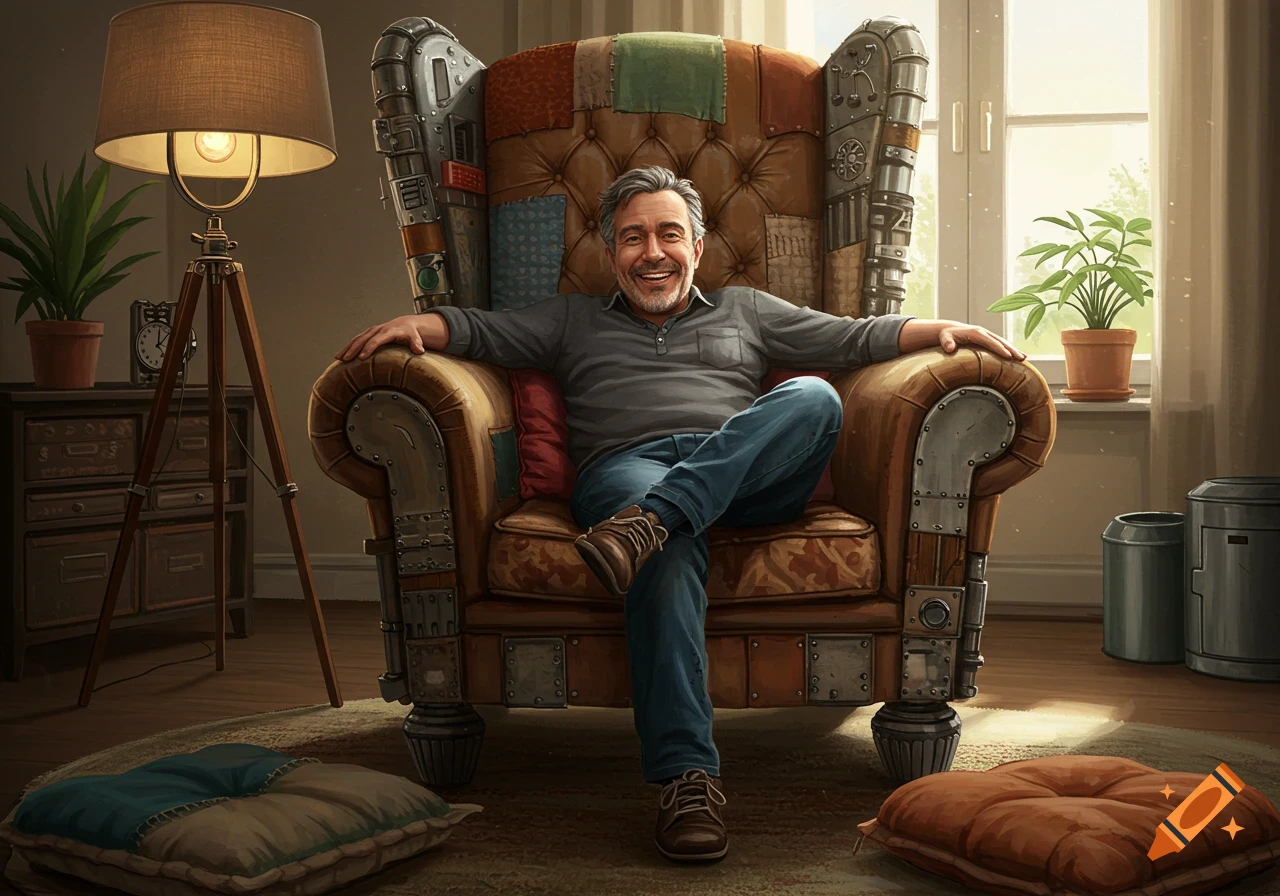A smiling man sits relaxed in a large, unique armchair made of metal and leather, in a sunlit living room. Photorealistic style.