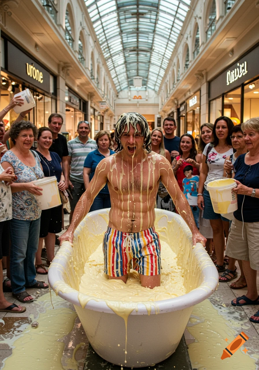 A man covered in creamy custard stands in a bathtub in a shopping center, surrounded by smiling onlookers.