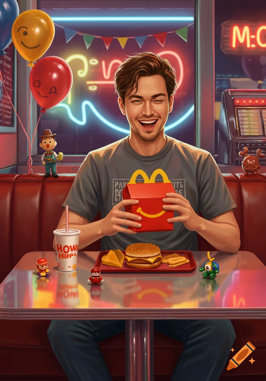 A smiling man holding a Happy Meal box in a retro diner, with a burger, fries, and balloons on the table.