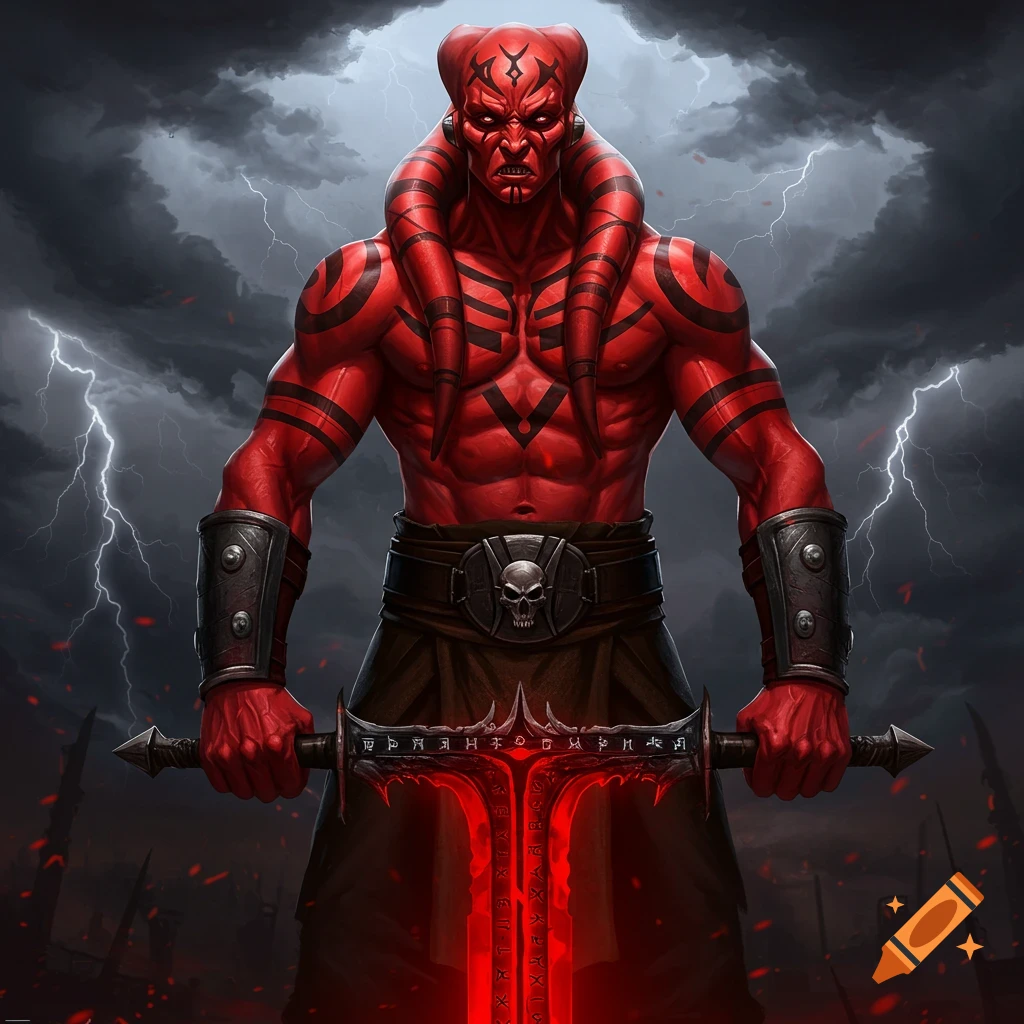 A muscular red-skinned horned barbarian Twi'lek with black Sith tattoos stands holding a glowing red ancient Sith sword under a stormy, lightning-filled sky.