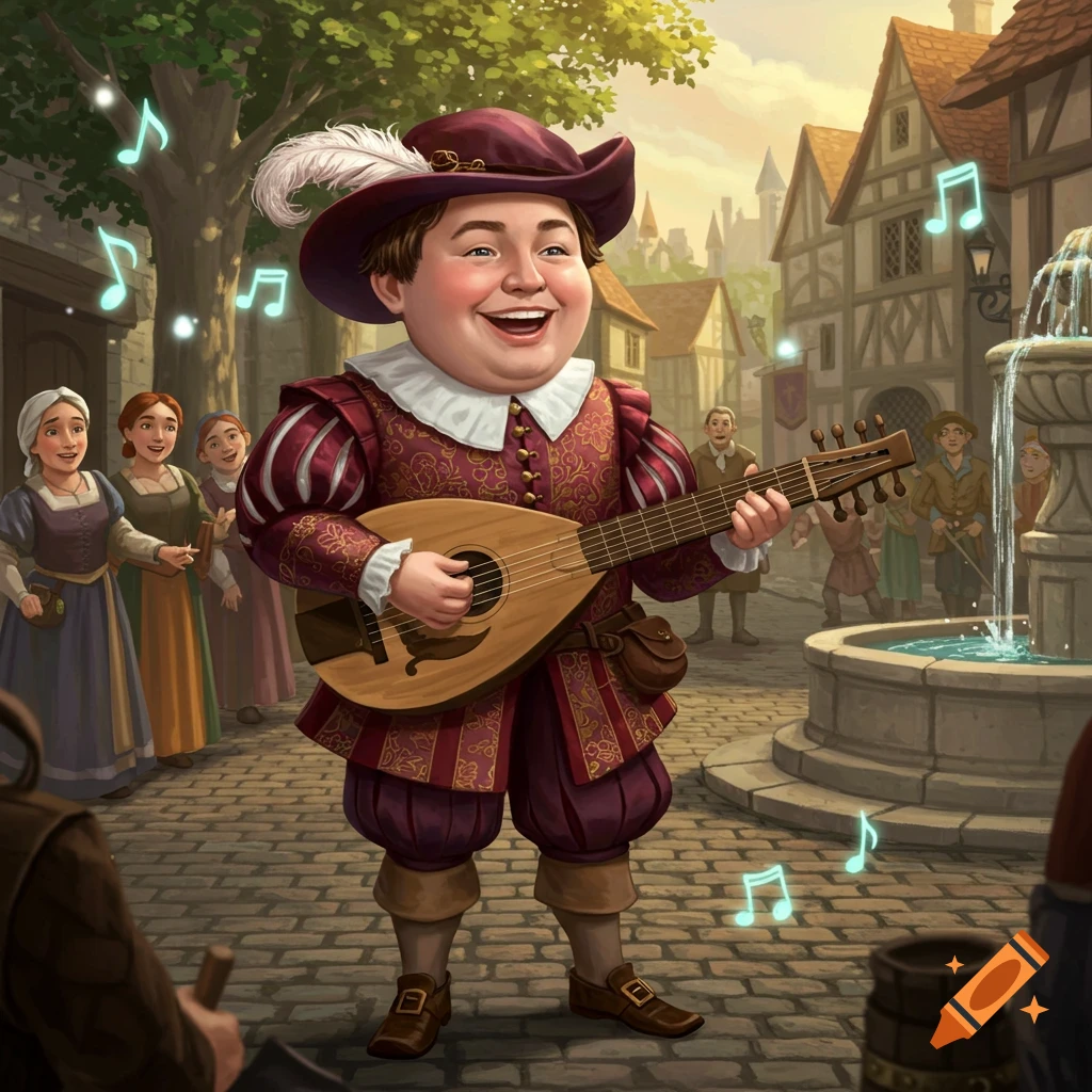 A cheerful, plump fantasy bard in a red and purple costume plays a lute in a cobblestone town square. Glowing musical notes float around him.
