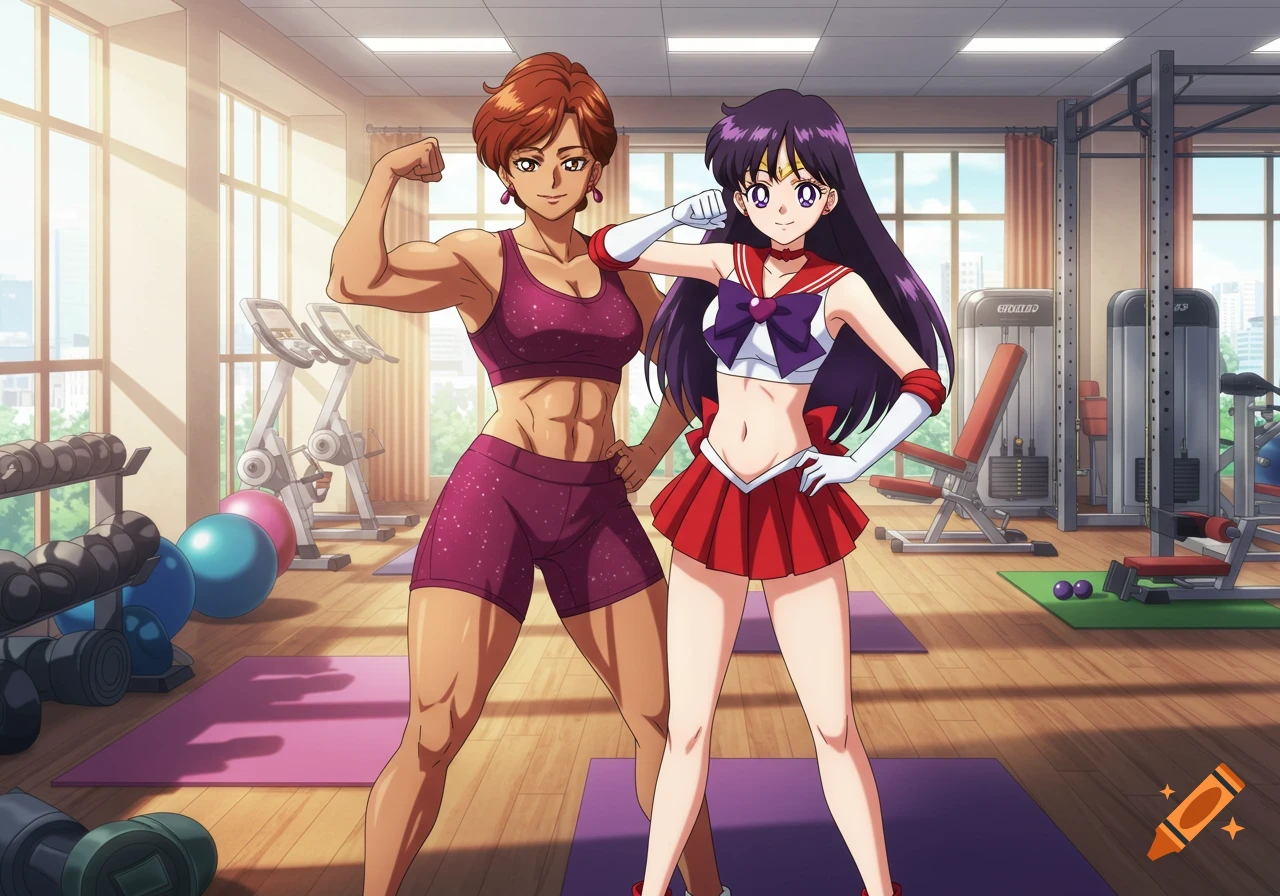 Anime style image of a muscular woman and Sailor Mars posing in a gym.