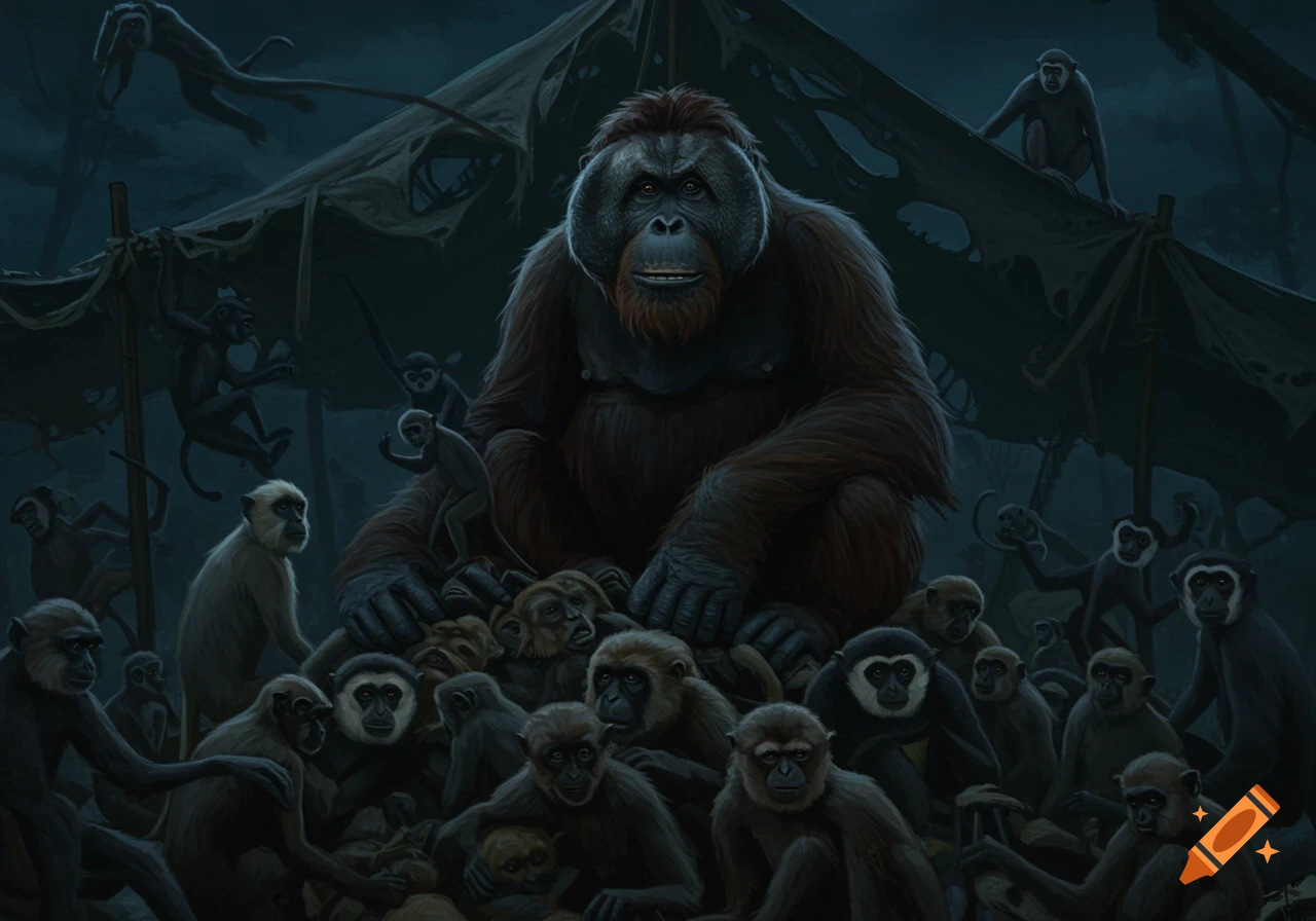 A large orangutan sits on a pile of various monkeys in a dark, torn tent within a jungle at night. Digital painting.