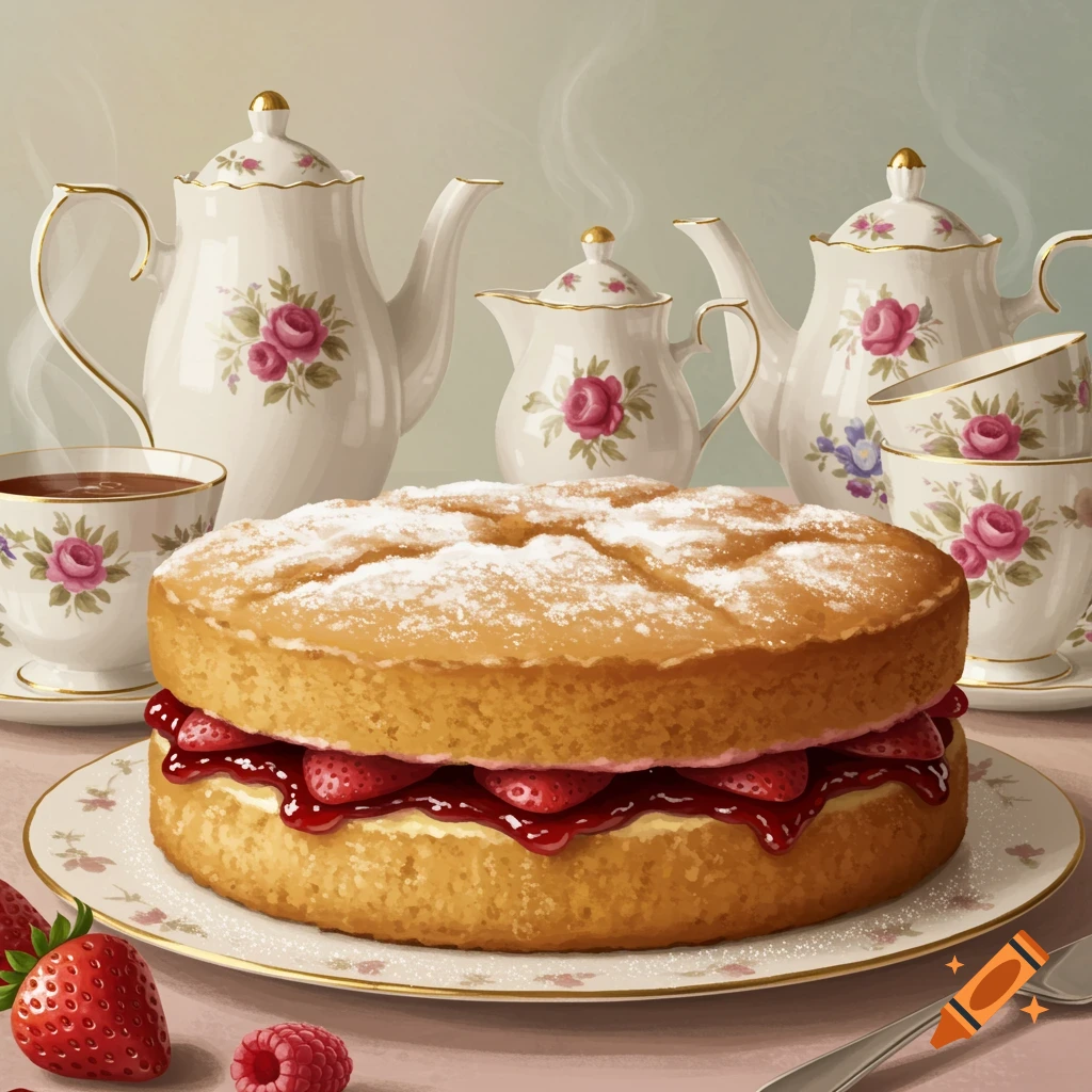 A Victoria sponge cake with strawberries and cream, dusted with powdered sugar, on a floral plate. A tea set is in the background.