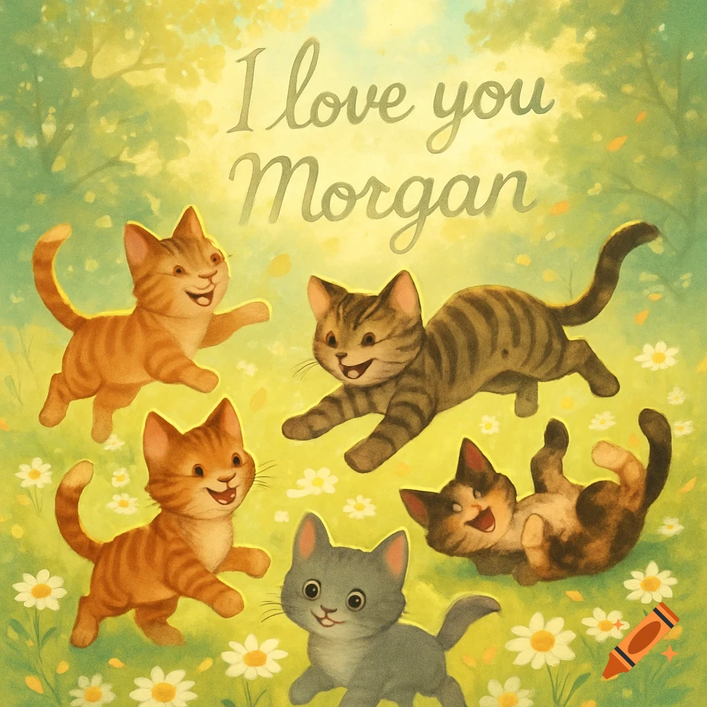 Five cute cartoon cats playing in a green field with daisies, under text saying 'I love you Morgan'.