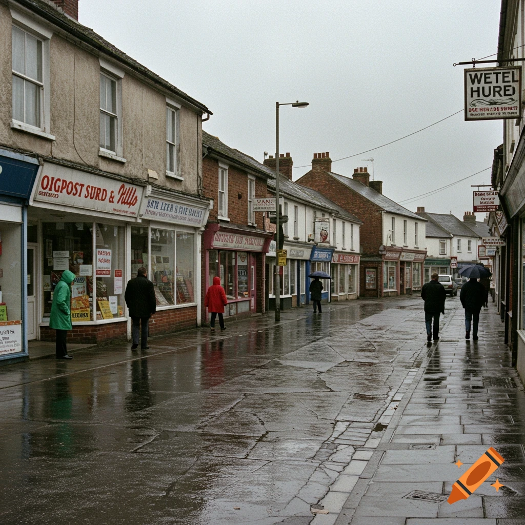 A rainy day on a British high street with people walking on wet sidewalks and reflective asphalt alongside run-down shops.