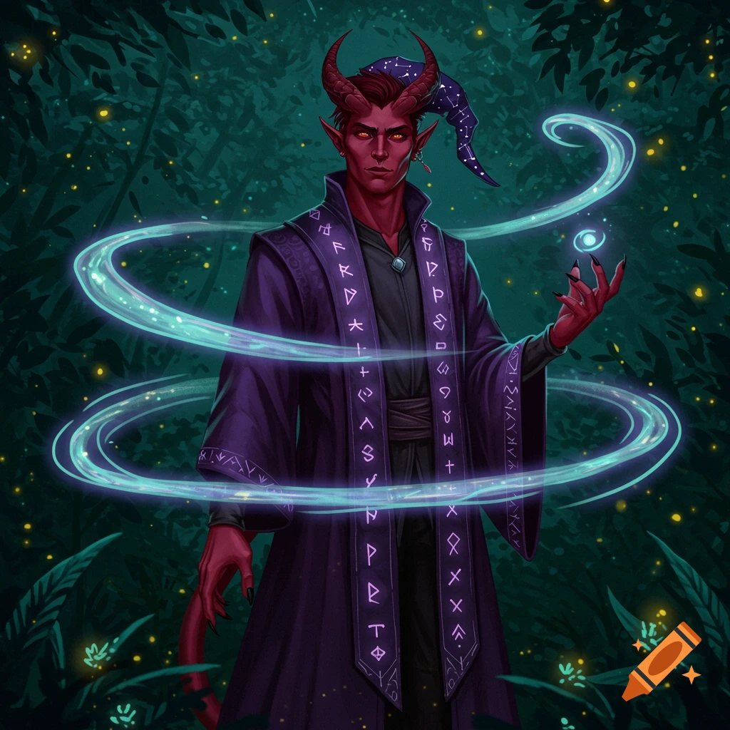 A red-skinned male Tiefling wizard with horns and a pointy hat, wearing a purple robe with glowing runes, holding a magic orb in a dark forest.