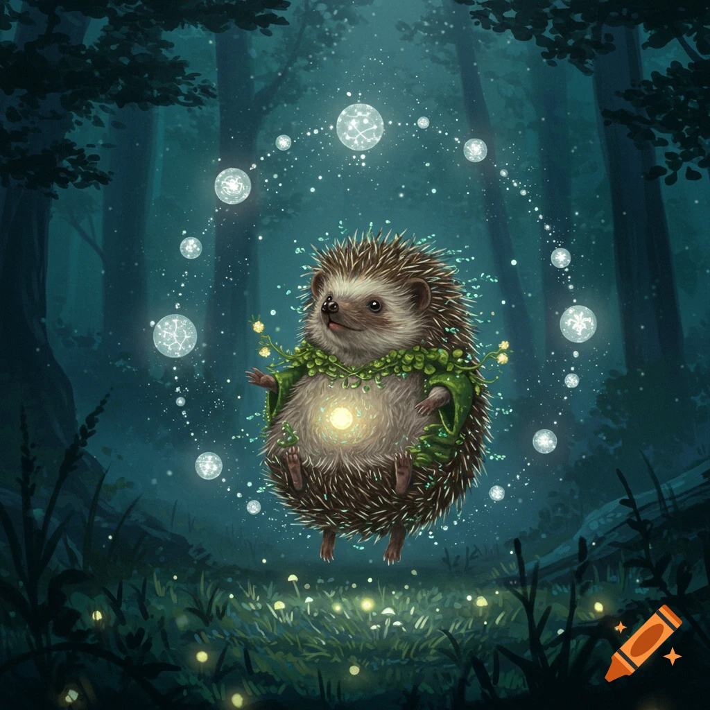 A cute hedgehog druid levitates in a dark forest, glowing with magic amidst luminous orbs.